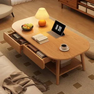 Solid Wood Coffee Table Living Room Furniture with Double Drawers & Storage Shelf Modern Eco-Board Tea Table for Home Office