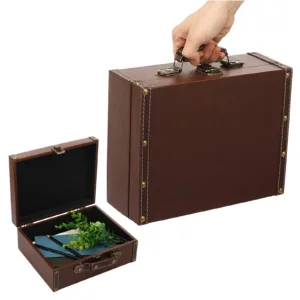 Vintage Leather Suitcase Jewelry Box Portable Luggage Trunk Handbag Wooden Antique Decorative Carrying Photo Prop Storage Box