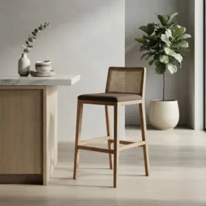 European Retro Rattan Living Room Chairs Solid Wood Frame Armchair with Plush Fabric Cushion for Home Kitchen Dining Lounge