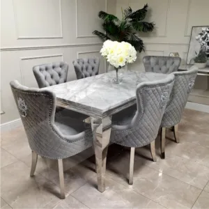 ！@Wholesale Luxury Dinning Table Set With Grey Solid Marble Top and 6 Grey Knocker Chairs Stainless Steel Chrome Dining Table