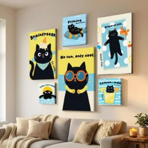 Cartoon cat Framed Wall Painting Framed Canvas Wall Modern Painting Home Decor Gift For Living Room Hallway