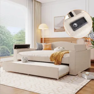 Full Size Daybed Frame with Wooden Legs, Upholstered Linen L-Shaped Corner Day Bed/Sleeper Sofa Bed Couch, No Box