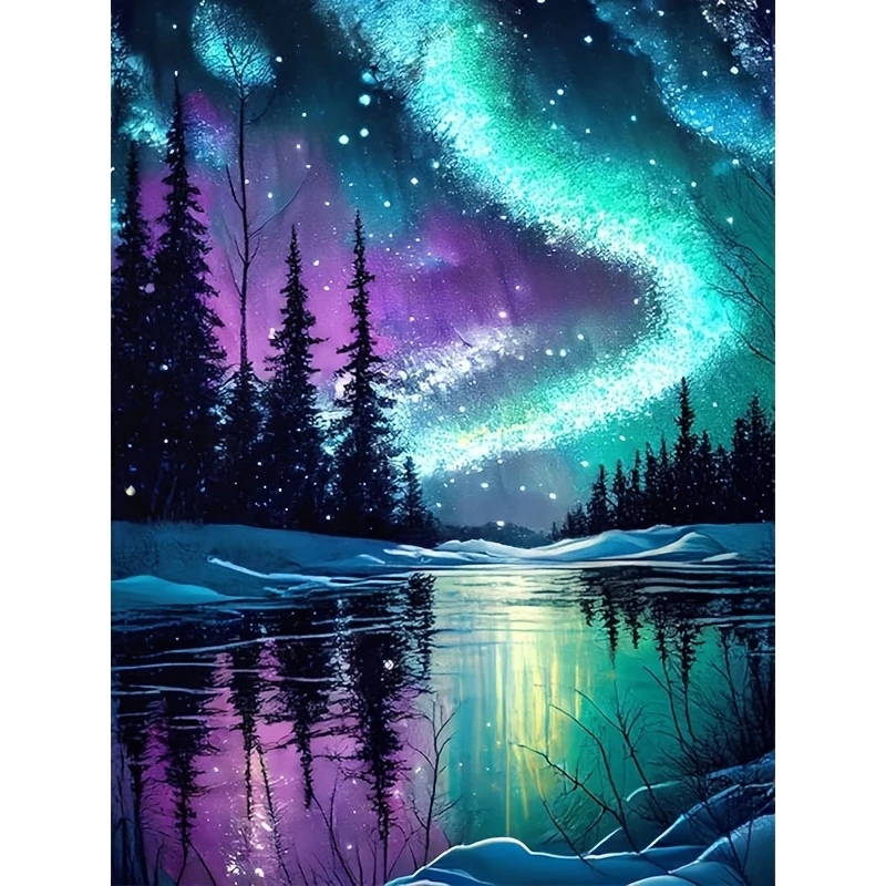 Diamond Painting Set, Forest Aurora Pattern, Round Diamond Full Diamond Art, Multiple Specifications to Choose From, Frameless