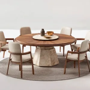 #Modern Italian Minimalist 6 Piece Dining Room Set Black Walnut Wood Marble Base Dining Table For Villa Hotel