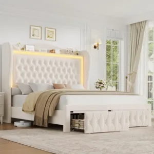 King Bed Frame 55" Tall Headboard with LED Lights, Buttons Tufted Velvet Upholstered Platform Bed Frame with 2 Storage Drawers
