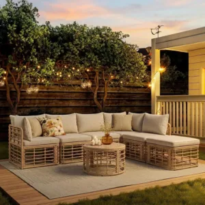 7 Pieces Outdoor Furniture Set, All-Weather Rattan Sectional Sofa Set with Thick Cushions and Pillows, Freely Combined, Custom