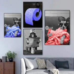 Fashion Wall Art Tissue Canvas Posters Prints Blue Bathroom Pictures Artwork Black and White Modern Women Funny Bathroom Decor
