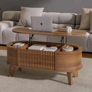 Fluted Lift Top Coffee Table with Storage,Modern Oval Coffee Table for Living Room or Home Office(Walnut)
