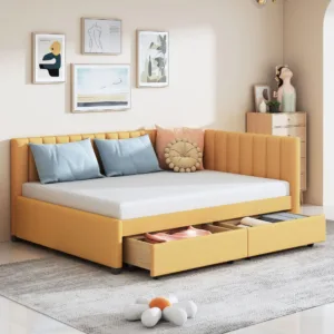 Full Size Daybed with Drawers, Upholstered Full Daybed, Linen Fabric Sofa Bed Frame, No Box Spring Needed, Yellow