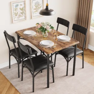 Dining Table and Chair Set Kitchen Table & 4 Upholstered Chairs | Space Saving Modern Rectangular Metal Frame & MDF Board Dining Furniture Set for Dining Room, Living Room