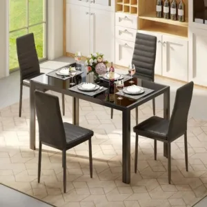 [2 Packages Shipping]Dining Table Set For 4, 5 Piece Glass Dining Table Set With Dining Chairs (Upholstered PU Chairs) And Metal Steel Frame, Modern Kitchen Dining Table And Dining Chairs For Dining Room, Home,Living Room