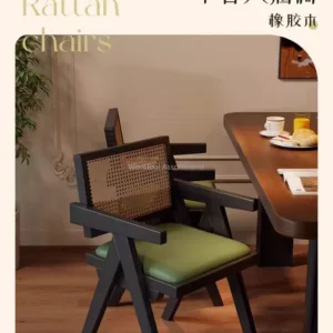 K‑Shaped Retro Mid‑Century Dining Armchair , Wood Frame Rattan Woven Backrest Accent Chair for Home Dining Room Cafe Restaurant