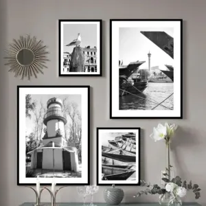 A4 6 7 8inch Photo Frame With Canvas Painting Black And White Beach Mushroom Boat Bird Flowers Wall Art Combination Photo Frame