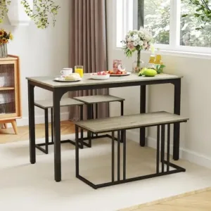 4-Piece Dining Table Set for 4, Rectangular Wood Dining Table with Bench & 2 Stools, Industrial Kitchen Table Set