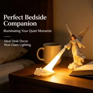 Illuminated Angel Bookshelf Decor 3D Printed, Floating Statue Golden Light Beam Sculpture, Home Room Library Shelf Ornament Gift