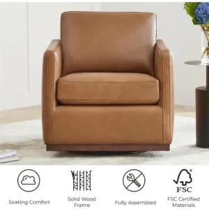 CHITA Genuine Leather Swivel Chair, Wood Frame, Fully Assembled, Saddle | Leather Arm Chair with 360° Swivel Solid Wood Base