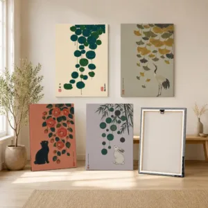 Japanese Lotus Art Framed Wall Painting Ready to Hang Framed Canvas Wall Art Set of 3 Poster for Living Room Bedroom Home Decor