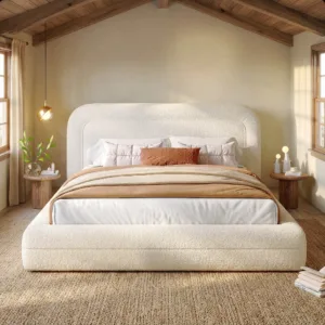 EnHomee Boucle Cloud Bed Frame with Headboard Upholstered Bed Frame with Curved Edges Design, Anti-Collision Platform Bed for Bedroom
