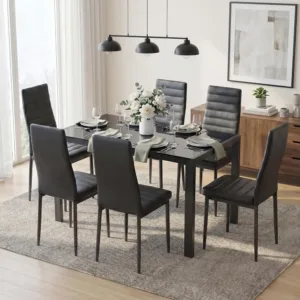 Glass Dining Table Sets for 6, 7 Piece Kitchen Table and Chairs Set for 6 Person, PU Leather Modern Dining Room Sets, Customized