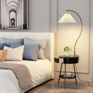 LED Pleated Lampshade Floor lamp with Wood Shelves Living Room Bedroom Corner Home Decoration Marble Standing Light E27