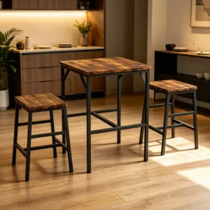 3 Piece Pub Height Dining Table Set For 2, 23.6 Inch Square Bar Table With 2 Stools, Space Saving Bistro Set For Apartment Kitchen