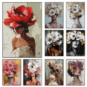 Fashion Floral Woman Portrait Poster Print For Living Room Home Decor Modern Flowers Girl Canvas Painting Abstract Wall Art
