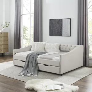 Wood Full Size Daybed, Day Bed Frame with 2 Storage Drawers, Upholstered Full Bed Frame Sofa Couch with Button and