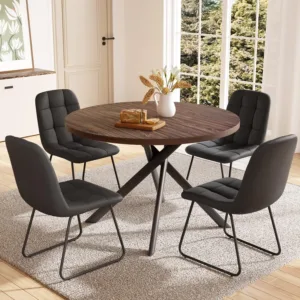 45.3" Round Dining Table Set 4, Mid Century Modern MDF Kitchen Apartment Walnut Table 4 U-Shaped Black Chairs, Customized