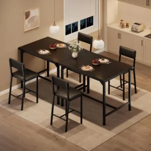 Dining Table Set With 2 Stools PB Board Metal Frame Counter Height Dining Furniture With Footrest Support Compact Space Design For Kitchen Apartment Small Dining Area Black