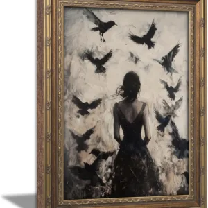 Halloween Framed Canvas Wall Art Gothic Woman with Ravens Painting Dark Academia Vintage Bedroom Living Room Wall Decor