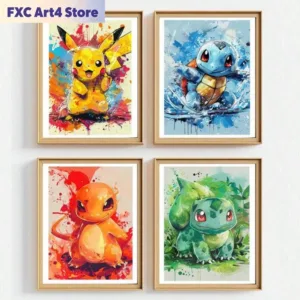 Frameless Anime Pokemon Pikachu Charmander Bulbasaur Squirtle Poster HD Canvas Painting Home Living Room Painting Wall Art Gift