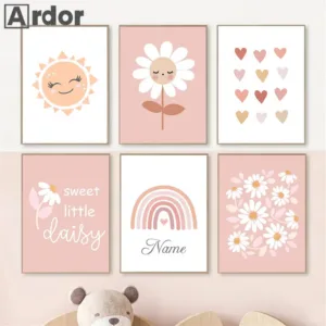 Rainbow Sun Love Heart Canvas Painting Nursery Poster Custom Name Cute Wall Art Prints Picture Pink Girl Baby Kids Room Decor