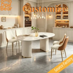 Concise Oval Sintered Stone Dining Table, Luxury Fluted Support Base, Cream Style Table For Modern Home Dining Room