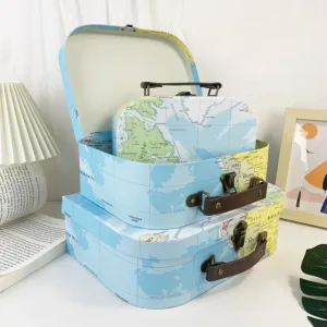 3pcs World Map Vintage Suitcase Decorative Storage Box Retro Cardboard Organizer Case with Handle for Gift Wrapping Party Favor