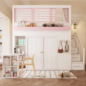 Loft High Bed With Desk Underneath Bookcase Wardrobe Combo For Small Space Kids Adult Bunk Beds Elevated Second Floor Sleeping