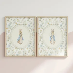 2pc Cartoon Rabbit Nursery Decor, Vintage Rabbit Print, Gender Neutral Nursery Art, Cottagecore Decor,Easter Rabbit print