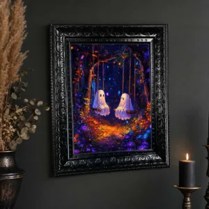 Framed Canvas Wall Art Cute Ghosts On Swings Print, Colorful Gothic Forest Painting for Halloween Spooky Bedroom Home Decor