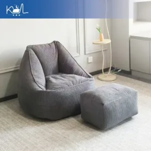 Luxury Corduroy Lazy Bean Bag Sofa Chair with Footrest Stool, Ultra Soft Upholstered Armchair Accent Seat for Living Room