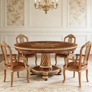 !@Factory Manufacturer 4-6 Person Antique French Solid Wood Round Dining Table Set for Home Hotel & Villa Use