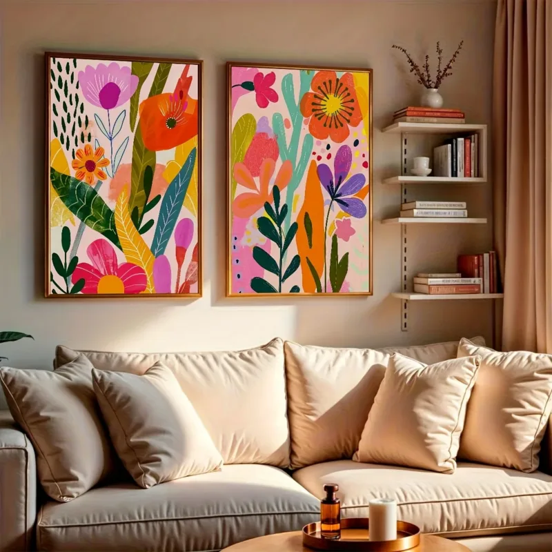 2pcs/set Bohemian Spring & Summer Flower Canvas Printing Vertical Abstract Plant Flower Wall Art Poster for Modern Home Decor