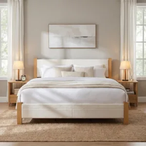 King Size Bed Frame with Solid Wood Legs, Platform Bed with Tall Upholstered Headboard, Wood Slats Support,, Customized