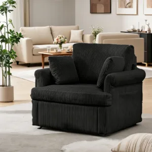 39-Inch 360 Swivel Accent Chair, Large Corduroy Barrel Armchair & 2 Pillows, Storage Pockets For Living Room Bedroom Home Office