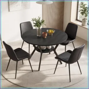 5-Piece Round Dining Table Set for 4 with Upholstered Chairs & Shelf