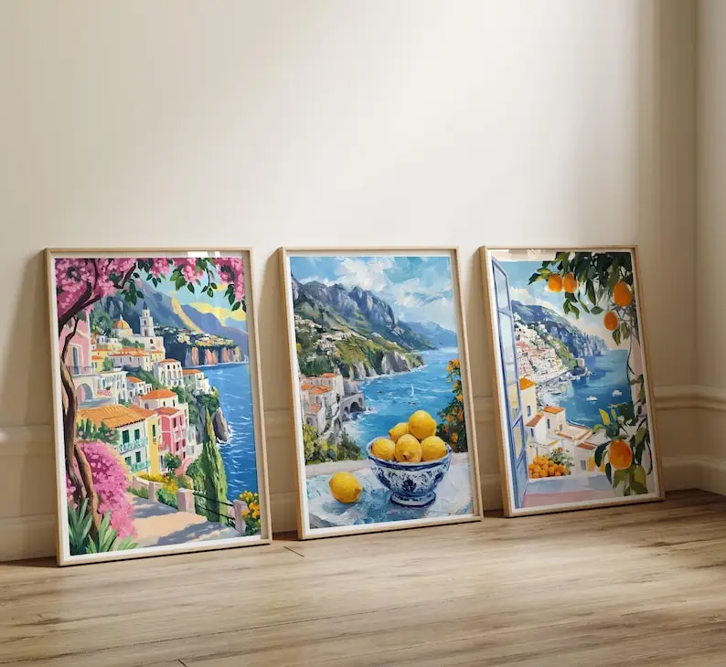 3pcs Modern Amalfi Coast Canvas Painting, Unframed Colorful Summer Mediterranean Prints, Italy Coastal Posters for Bedroom Decor