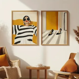Frameless Woman Portrait Shoe Poster,Bold Abstract Wall,Mid-century,Black and White Striped Woman High Heels Yellow Fashion Art