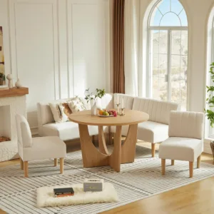 Round Dining Table Set with Loveseat & Chairs, 47 Inch Farmhouse 5-Piece Round Table Setting for 4 to 6, Wood, Customized