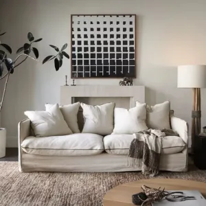 Wabi Sabi style linen fabric three seater sofa, removable and washable straight row sofa, Japanese living room sofa