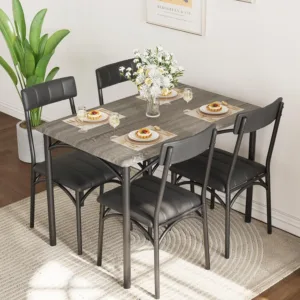5 Piece Dining Table Set for 4, Modern Wooden Kitchen Table | Space-Saving Rectangular Dining Room Table and Chairs Set with Metal Frame & Upholstered Chairs for Small Space, Grey
