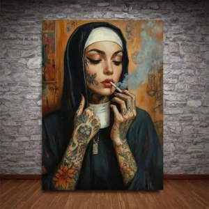 Tattooed Nun Smoking Cigarette Poster Print Wall Art Vintage Canvas Painting Tattoo Studio Home Decor Cuadros