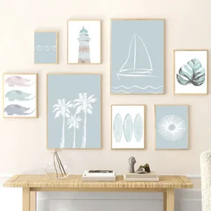 Blue White Lighthouse Sailboat Palm Tree Surfboard Poster Prints Canvas Printing Minimalism Wall Art Picture for Room Home Decor